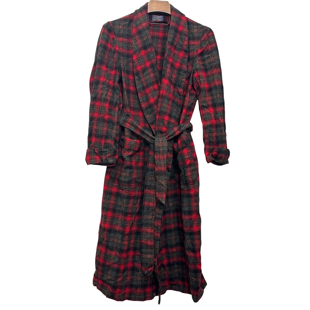 Vintage Pendleton Belted Robe Mens Red Black Tartan Virgin Wool Plaid Large